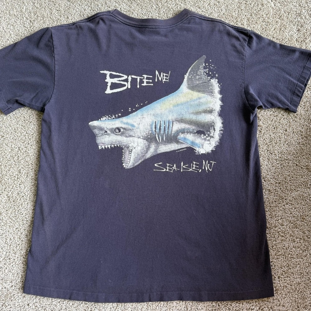 Y2K Anvil Shirt Mens XL Blue Bite Me Shark Funny Tee T-Shirt Made In USA